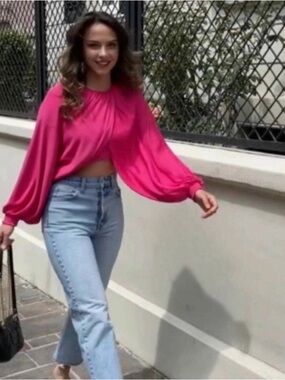 Zara Medium Draped Flowing Satin Layered Top Fuschia Pink